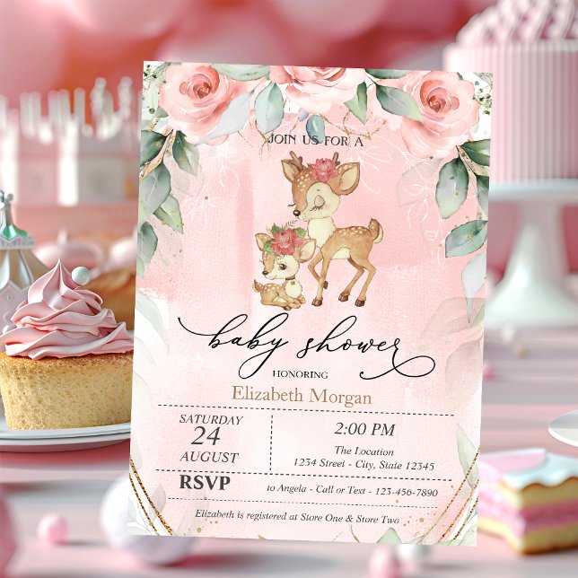 Invitación Baby Shower de rosas rosadas de ciervo bebé curado (Subido por el creador)