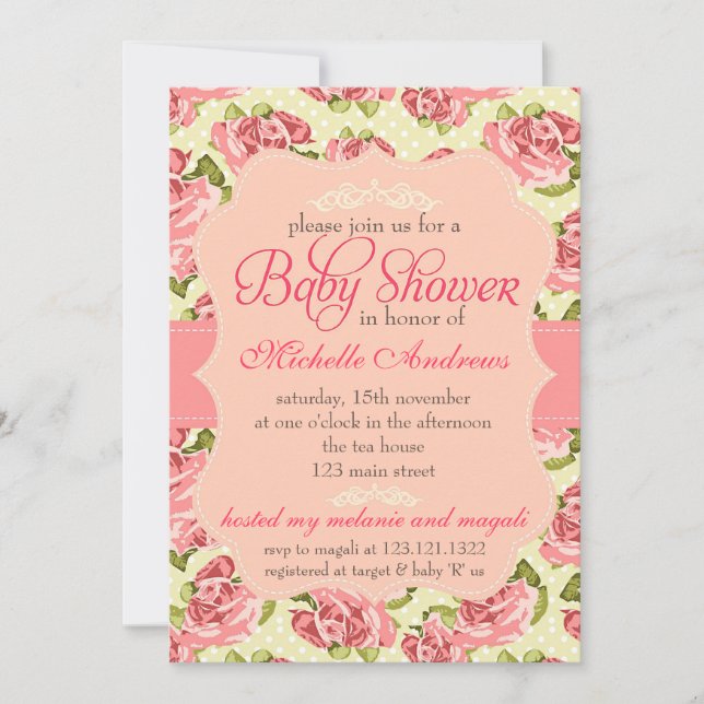 Invitación Baby Shower de rosas rosadas de color gris (Anverso)