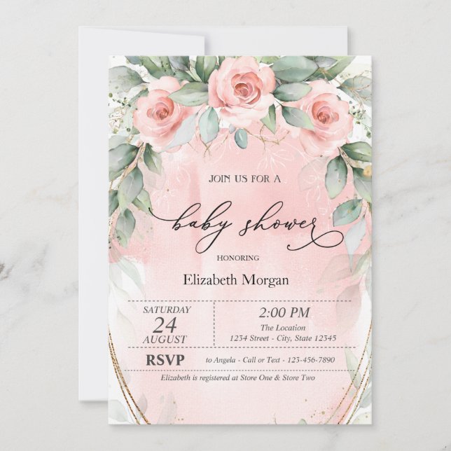 Invitación Baby Shower de rosas rosadas de moda (Anverso)