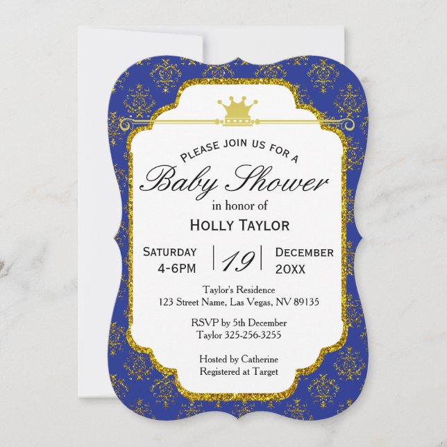 Invitación Baby Shower de Royal Blue Gold Prince (Anverso)