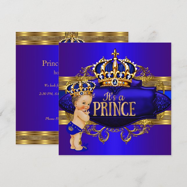 Invitación Baby Shower de Royal Blue Gold Prince (Anverso / Reverso)