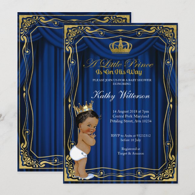 Invitación Baby Shower de Royal Navy Blue Gold Pri (Anverso / Reverso)