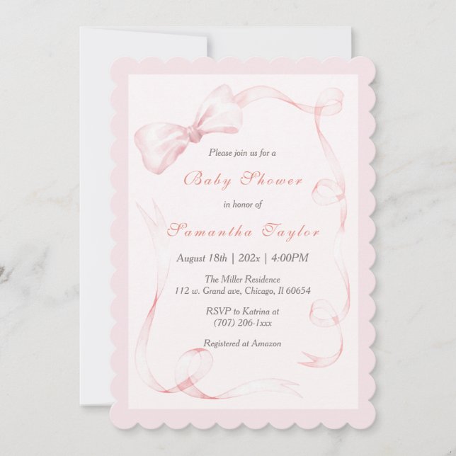 Invitación Baby Shower de Rubor Pink Bow (Anverso)