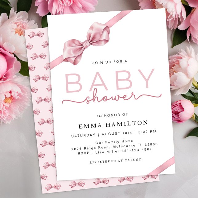 Invitación Baby Shower de Rubor Pink Bow - Elegant (Baby Girl Shower Invite)
