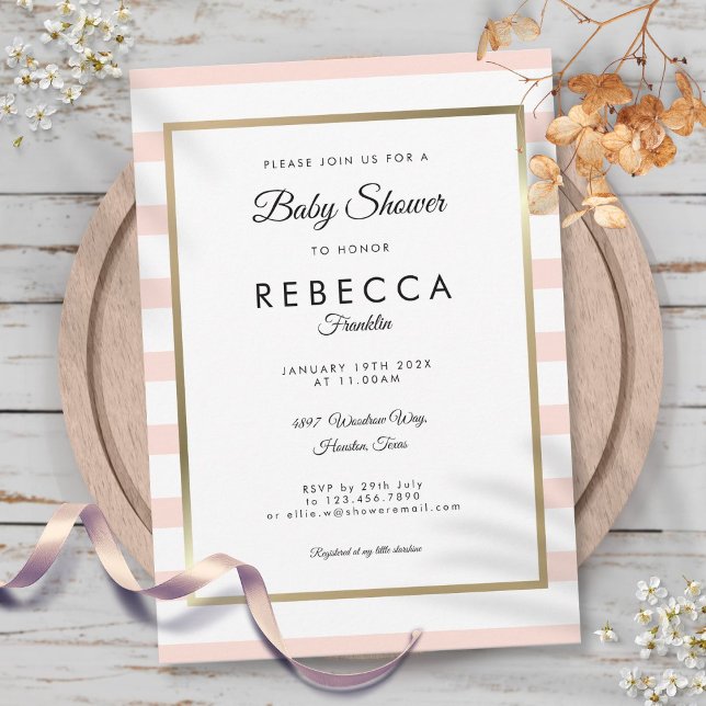 Invitación Baby Shower de Rubor Pink Stripe Gold (Blush Pink Stripe Gold Baby Shower Invitation)
