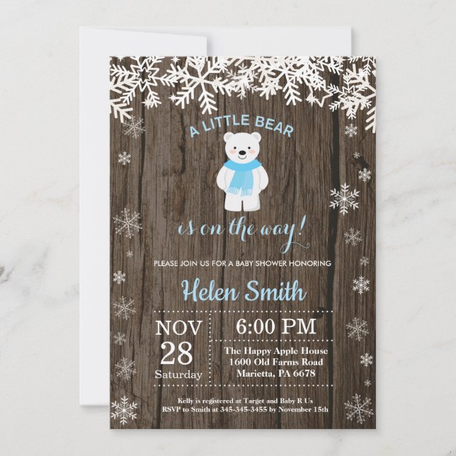 Invitación Baby Shower de Rustic Polar Bear Winter Boy (Anverso)