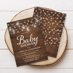 Invitación Baby Shower de Rustic Wood Mason Jars and Lights