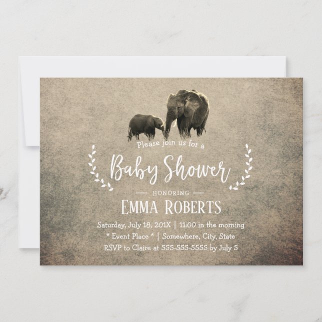 Invitación Baby Shower de Safari de la Familia Elefante Vinta (Anverso)