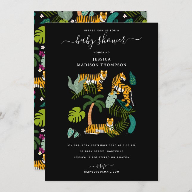 Invitación Baby Shower de Safari de la Selva Negra del Tigre  (Anverso / Reverso)