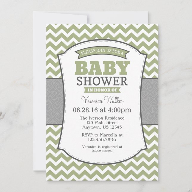 Invitación Baby Shower de Sage Olive Gray Chevron (Anverso)