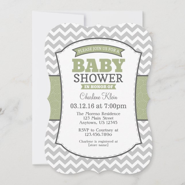 Invitación Baby Shower de Sage Olive Gray Chevron (Anverso)