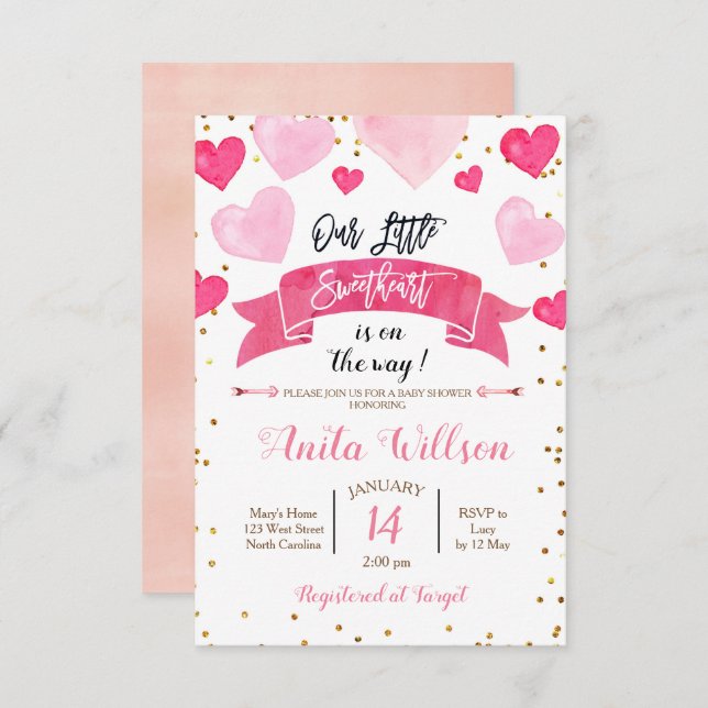 Invitación Baby shower de San Valentín Nuestro pequeño corazó (Anverso / Reverso)