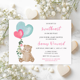 Invitación Baby Shower de San Valentín oso rosa y corazón azu