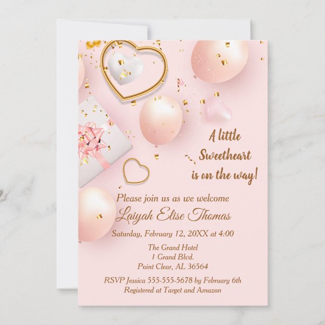 Invitación Baby Shower de San Valentín rosa y dorado (Anverso)