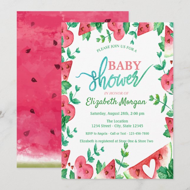 Invitación Baby Shower de sandía tropical (Anverso / Reverso)