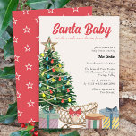 Invitación Baby Shower de Santa Baby Vintage Chris<br><div class="desc">Vintage navidad, invitación a la ducha de bebé, con la leyenda "Santa Bebé se acaba de poner una cuna bajo el árbol, para mí". Este diseño acuático presenta un árbol de navidad iluminado, cuna y regalos con tipografía retro en una paleta de colores neutra de género. Genial, original y perfecto...</div>
