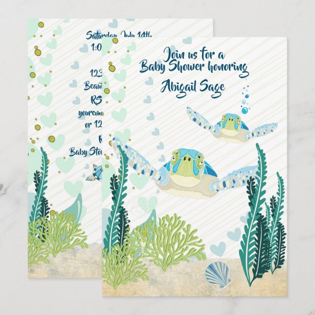 Invitación Baby Shower de Sea Turtles and Hearts Beach (Anverso / Reverso)
