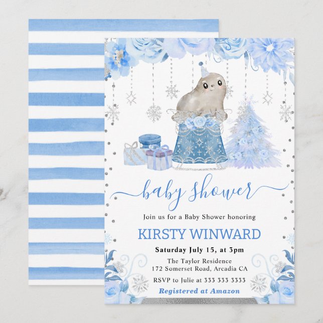 Invitación Baby Shower de sellos acuarollares del Ártico (Anverso / Reverso)