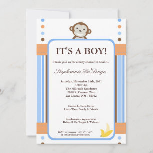 Invitación Baby Shower de selva azul de mono 5x7