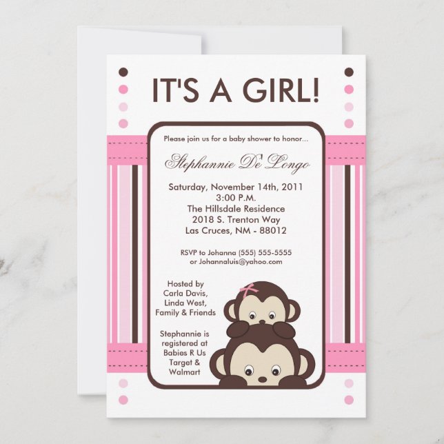 Invitación Baby Shower de selva rosa de mono pop l (Anverso)