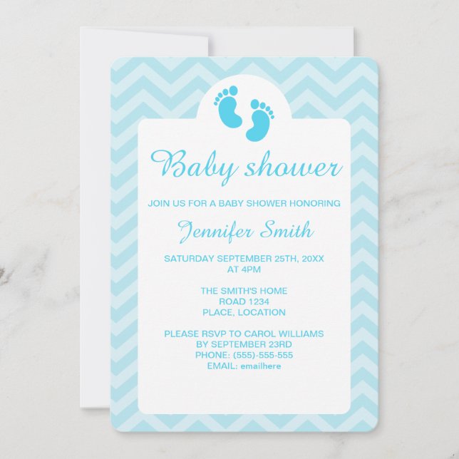 Invitación Baby Shower de silueta de huellas azules para bebé (Anverso)