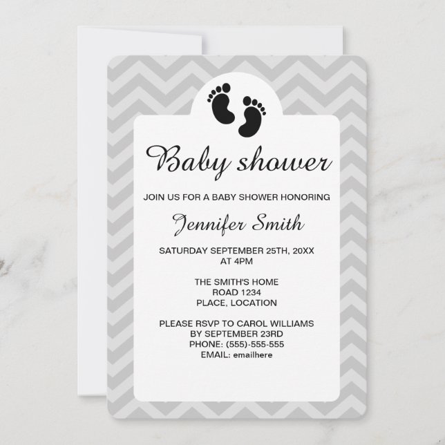 Invitación Baby Shower de silueta de huellas de bebé negro (Anverso)