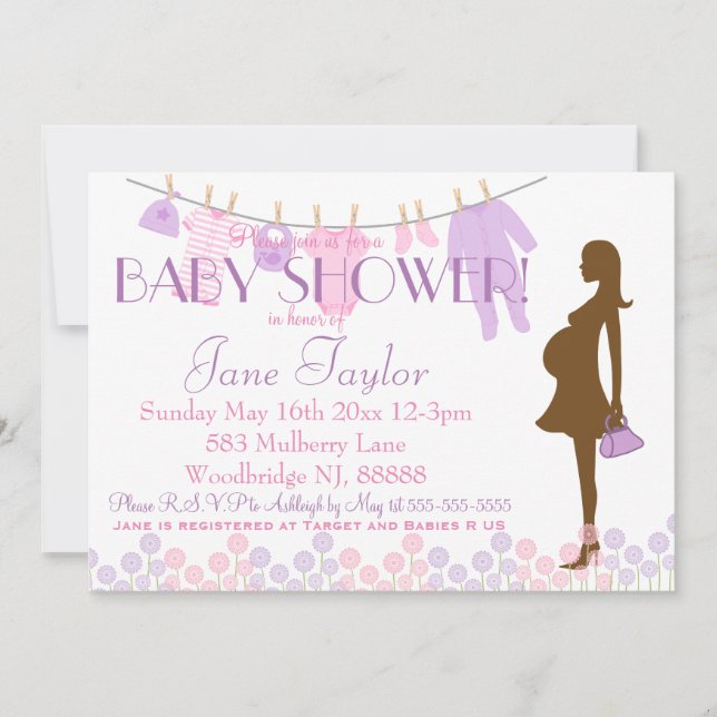 Invitación Baby Shower de silueta rosa y púrpura (Anverso)