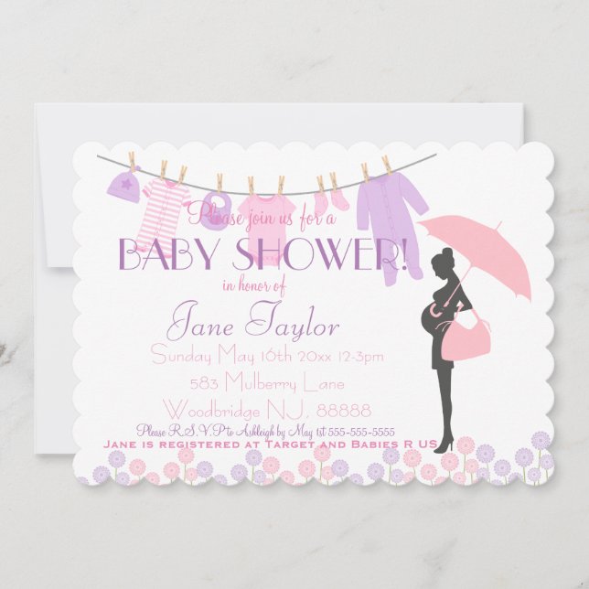Invitación Baby Shower de silueta rosa y púrpura (Anverso)