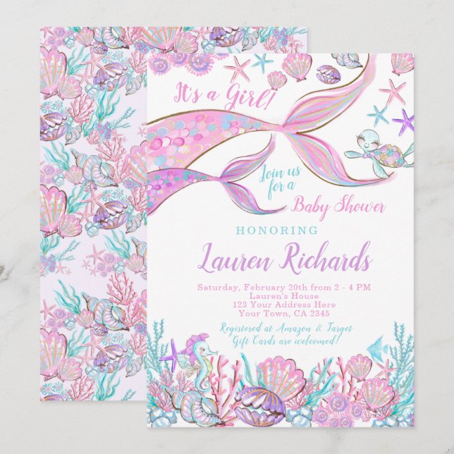 Invitación Baby Shower de sirena (Anverso / Reverso)