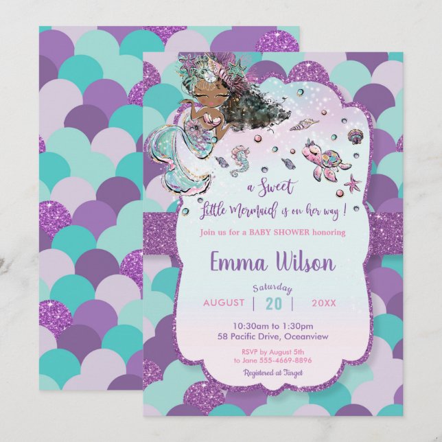 Invitación Baby Shower de sirena africana bajo la púrpura mar (Anverso / Reverso)