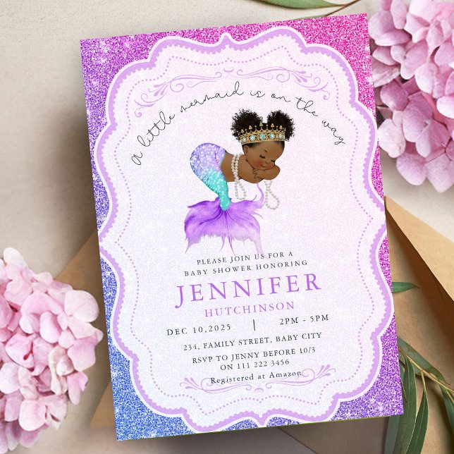 Invitación Baby Shower de sirena afroamericana (African American Mermaid Baby Shower Invitation)