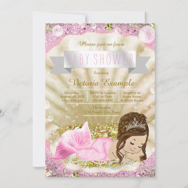 Invitación Baby Shower de sirena de brunette rosa y dorada (Anverso)