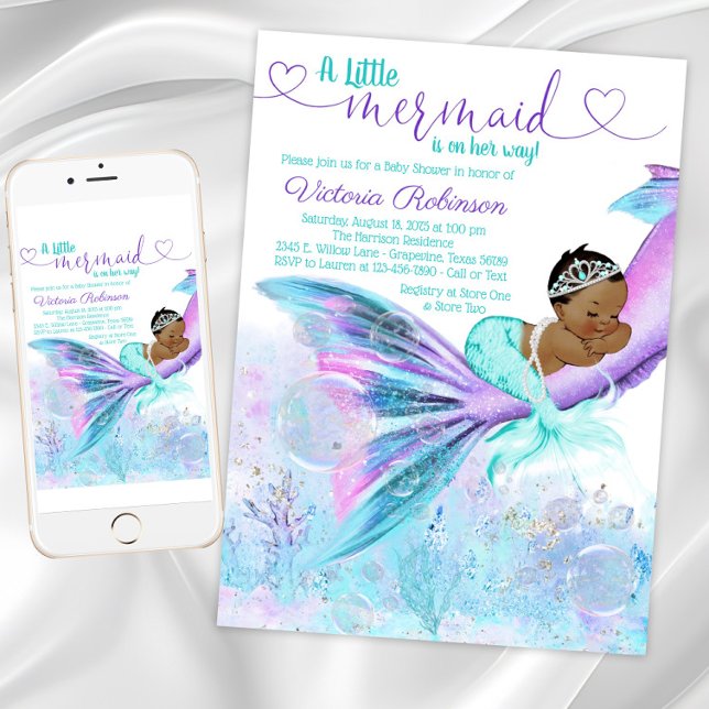 Invitación Baby Shower de sirena de la etnia afroamericana (African American Mermaid Baby Shower Invitation. Instant download and printed invitations available.)