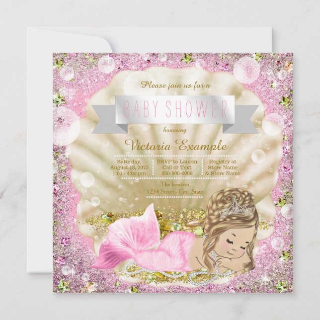 Invitación Baby Shower de sirena de lona rosa (Anverso)