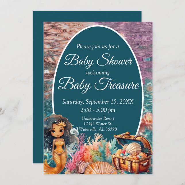 Invitación Baby Shower de sirena negra (Anverso / Reverso)