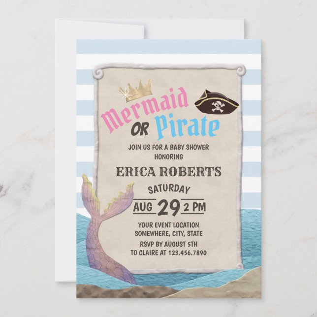 Invitación Baby Shower de sirena o de franjas azules piratas (Anverso)