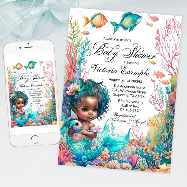 Invitación Baby Shower de sirenas africanas (Under the sea baby shower invitation with cute African mermaid baby, fish and coral.)