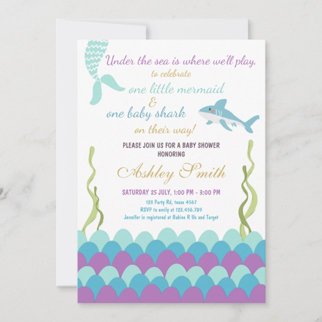 Invitación Baby Shower de Sirenas de Tiburón Bajo el Mar Geme (Anverso)