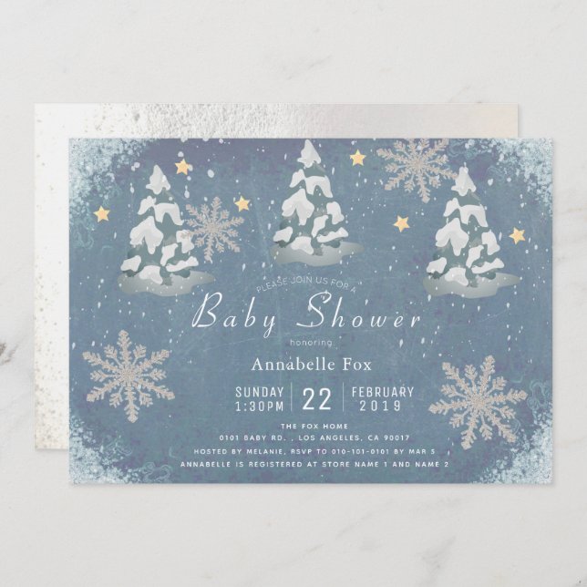 Invitación Baby Shower de Snowy Winter Silver Snowflake Trete (Anverso / Reverso)
