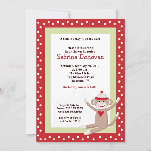Invitación Baby Shower de Sock Monkey 5x7 (rojo) (Anverso)