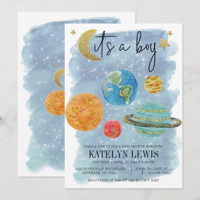 Invitación Baby Shower de Space Boy (Anverso / Reverso)