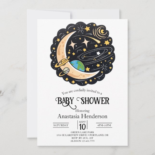 Invitación Baby Shower de Space Moon Stars (Anverso)