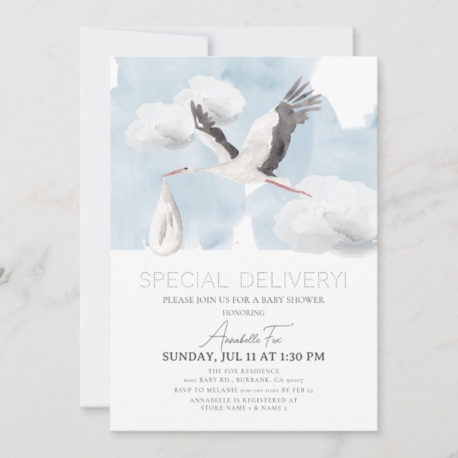 Invitación Baby Shower de Special Delivery Stork Boy (Anverso)