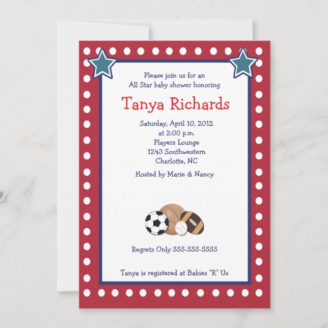 Invitación Baby Shower de Sports All Stars Red Bor (Anverso)