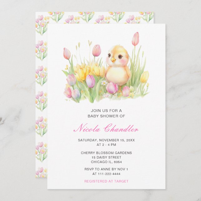 Invitación Baby Shower de Spring Chick (Anverso / Reverso)