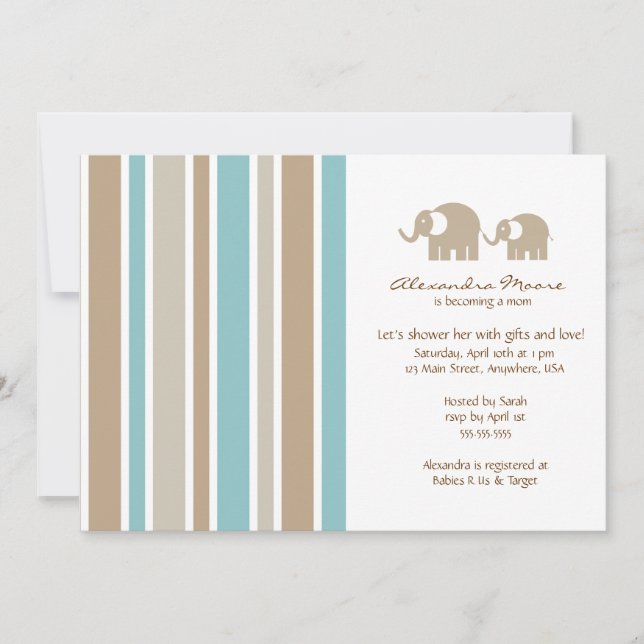 Invitación Baby Shower de Stripes & Elephants (Anverso)