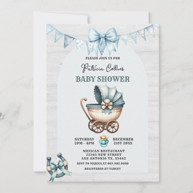 Invitación Baby Shower de Stroller Blue Bow Cowboy (Anverso)