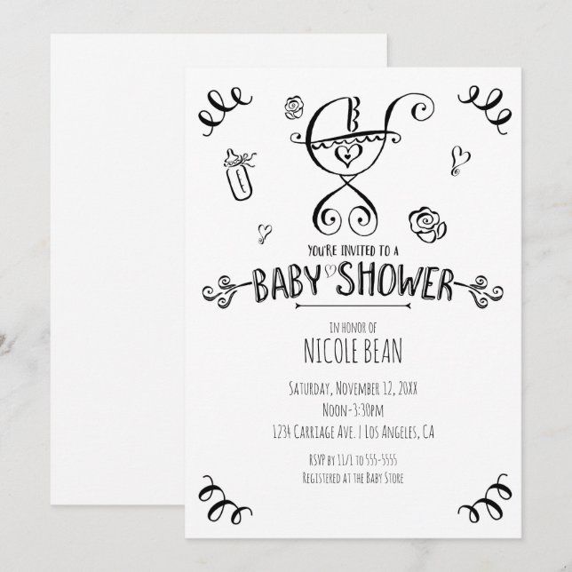 Invitación Baby Shower de Stroller Whimsical en blanco y negr (Anverso / Reverso)