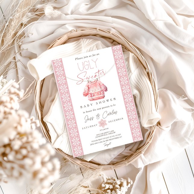 Invitación Baby Shower de suéter feo, ducha rosa (Subido por el creador)
