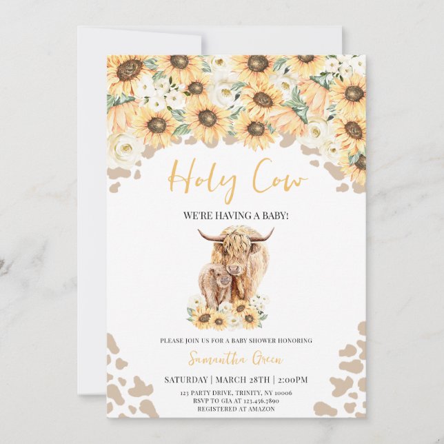 Invitación Baby Shower de Sunflower Holy Cow (Anverso)